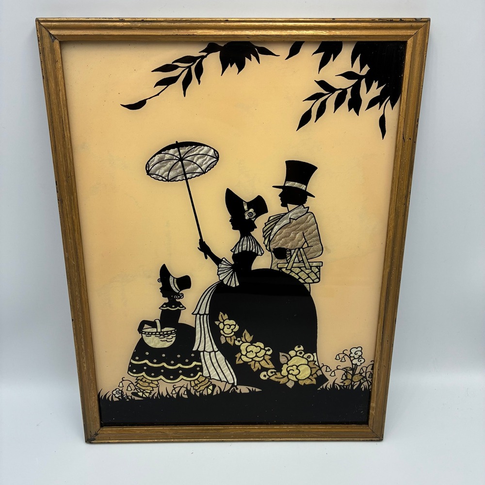 Vintage Victorian Family Silhouette Reverse Glass Foil Painting Gold Frame Art
